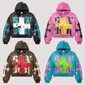 Fabricantes de Ropa para Hombre: Sudadera con Capucha Personalizada de Forro Polar Grueso con Cremallera, Estampado Vintage de Llamas, Estilo Streetwear, Lavado Ácido y Efecto Desgastado - Product Image 1