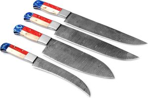 Ensemble de 4 couteaux de chef en acier Damas pour cuisine, avec manches en bois d'olivier, lames à bord dentelé pour droitiers - Product Image 2