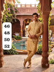 NOIIR PIGEON Ensemble ethnique 3 pièces en soie jacquard pour homme, sans plis, longueur genou, coupe classique, pour mariage et fête, style indien - Product Image 3