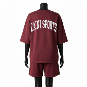 ชุดเสื้อยืดและกางเกงขาสั้นผ้าคอตตอนเจอร์ซีย์พรีเมียมสำหรับผู้หญิง 240 GSM เนื้อผ้านุ่มระบายอากาศได้ดี สีมารูน พิมพ์ลายโลโก้ ชุดสำหรับผู้หญิง - Product Image 2