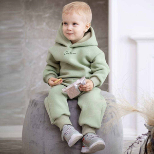 Ensemble sweat-shirt et pantalon de jogging pour garçons, beige, col rond, manches longues, couleur unie, survêtement décontracté avec poches latérales, vêtements d'automne - Product Image 1