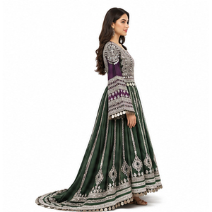 Vestido Kurta Tradicional de Seda Verde con Bordado Plateado, Ropa Étnica para Mujer, Vestido Afgano Kuchi Largo y Holgado para Bodas - Product Image 2