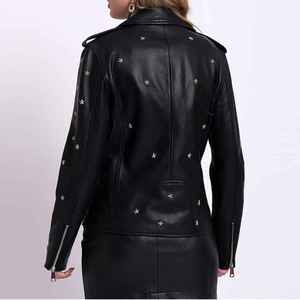Veste en cuir PU pour femme aux couleurs uniques avec rivets étoiles, manches longues, col rabattu, fermeture éclair, style automne - Product Image 2