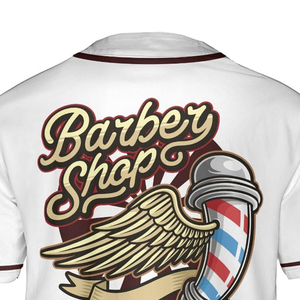 Camiseta de Trabajo Estilo Jersey de Béisbol para Barbería con Logotipo Personalizado, Blanca, de Algodón Transpirable, con Bolsillo y Diseño de Tijeras - Product Image 5