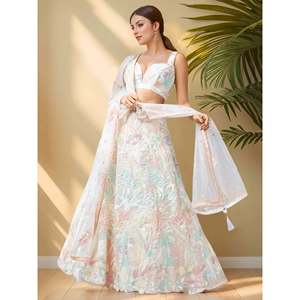 Off-<b>White</b> <b>Sequins</b> Net Bridesmaid Lehenga Choli - Product Image 5