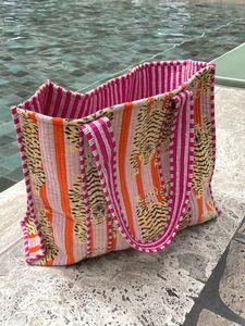 Factory Direct Mustard Yellow Pink Floral Cotton Kantha Quilted Storage Tote <b>Bag</b> Women Shoulder Travel Carrying Handbag Striped - Product Image 6