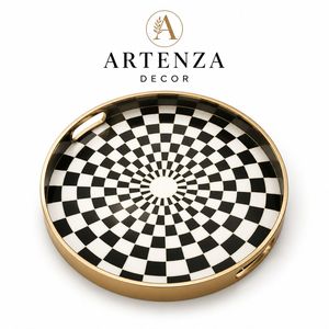 Plateau décoratif rond en émail, motif damier noir et blanc, plateau de service en aluminium, logo personnalisé, décoration d'intérieur, compatible micro-ondes, mariage - Product Image 1