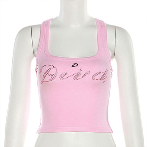 Custom Women’s Pink Luxury Rhinestone Ribbed Crop Tank Top Custom Slim Fit Sleeveless Streetwear Camisole Fashion Women's Shirts - Product Image 6