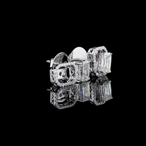 <b>Emerald</b> cut lab grown diamond <b>stud</b> <b>earrings</b> with halo and heart design in white gold, elegant for daily wear - Product Image 1