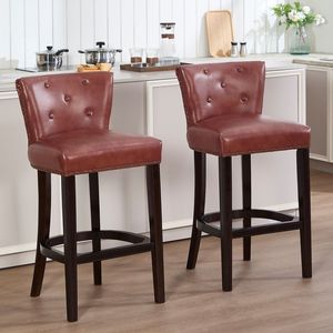 Set di 2 sgabelli da bar in legno e pelle marrone, altezza seduta 29,5 cm, 2 pezzi - Product Image 1