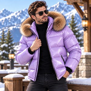 Men's Leather Bomber <b>Jacket</b>, Puffer <b>Jacket</b> With Fox <b>Fur</b> <b>Hood</b>, Giacca Uomo Motocicletta | Giacca Uomo |Lederjacke - Product Image 5