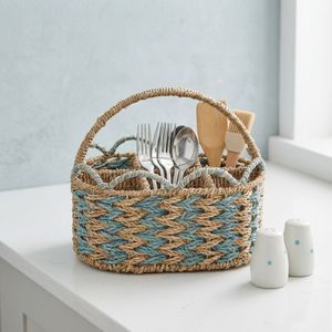 Woven <b>Paper</b> Rope Flatware Caddy with Overhead Handle, Utensil Holder with Scalloped Loop Rim & Chevron Weave - Product Image 2