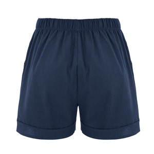 Shorts décontractés pour femmes à taille haute élastique en polyester/coton, poches plaquées, coupe régulière, tissu tricoté léger, ourlet roulé - Product Image 4