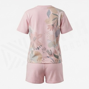 Women's 2 Piece Floral Print Short Sleeve T-Shirt and Shorts <b>Set</b> Crew Neck Casual Spring Summer Pink <b>Knitted</b> Cotton Above Knee - Product Image 2