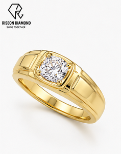 18K Yellow Gold <b>Mens</b> Solitaire Diamond <b>Ring</b> Round Cut Lab Grown Bezel Setting Bold Masculine Wedding Anniversary Band Luxury - Product Image 2
