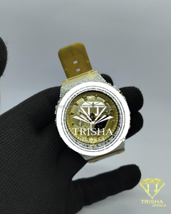 Handcrafted 925 Sterling Silver <b>Watch</b> with VVS Moissanite <b>Diamonds</b> and Gold Sunray Dial Luxury Statement Piece - Product Image 1