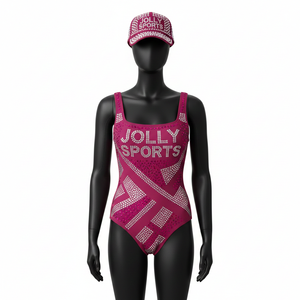 Maillot de bain femme premium en poly-spandex, tissu extensible doux, panneaux géométriques, logo thermocollé en strass. - Product Image 1
