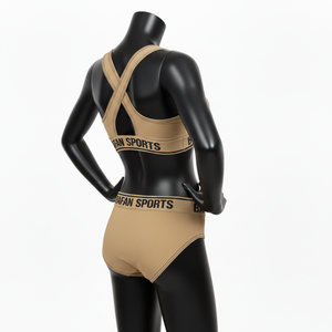 Conjunto de Bikini Premium para Mujer en Poliéster y Spandex GSM, Diseño Beige con Tirantes Cruzados y Paneles, Logotipo Personalizado por Transferencia Térmica - Product Image 5