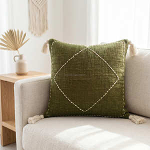 Housse de coussin à rayures bohèmes avec pompons, coussin décoratif texturé, décoration rustique pour salon de style farmhouse - Product Image 2