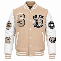Vestes de sport beiges pour hommes, style preppy, avec patchs brodés, col rabattu, coupe classique, pour l'automne.