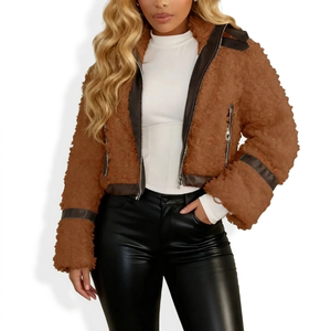 Veste décontractée d'hiver pour femme avec col rabattu, patchwork en velours et logo, design respirant - Product Image 1