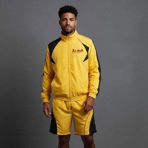 Men's Yellow Black Contrast Sporty Track Suit <b>Set</b> Embroidered Logo Stand Collar Breathable <b>Knitted</b> Polyester Summer Wear - Product Image 5