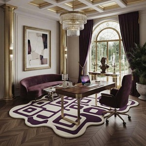 Alfombra de Área Geométrica Morada y Marfil Contemporánea, Hecha a Mano, de Lujo, Abstracta, de Lana, para Sala de Estar y Dormitorio - Product Image 3