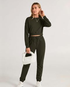Ensemble de survêtement vert olive uni pour femme, sweat-shirt à col rond et manches longues, pantalon de jogging avec cordon de serrage et poches latérales - Product Image 3