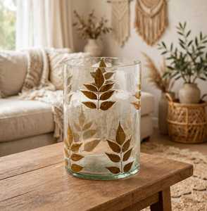 Portavelas de Cristal de Lujo, Redondo y Pequeño, con Relieve y Patrón de Hojas Doradas, Resistente al Calor, Decoración Duradera para el Hogar - Product Image 1