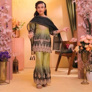 Elegant Silk Embroidered Kids Premium <b>Top</b> Palazzo Set With Organza Dupatta Full Stitched For Girls Wholesale Rate By Royal Expot - Product Image 2