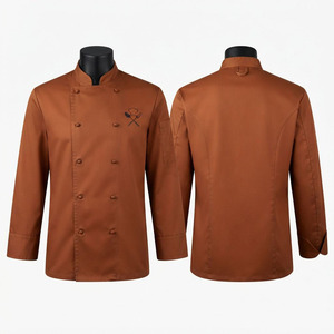 Veste de chef pour homme en twill de coton et polyester de qualité supérieure, 240 GSM, marron, double boutonnage, logo brodé personnalisé, manches longues, uniforme de cuisine - Product Image 1