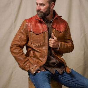 Chaqueta de cuero marrón para hombre, estilo vaquero vintage, con dobladillo bicolor y cremallera, de cuero genuino, tipo ranchero, venta al por mayor OEM - Product Image 4