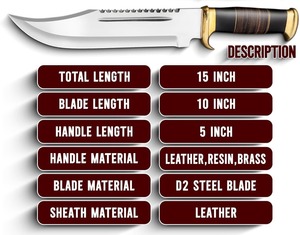 Cuchillo Bowie de Caza de Hoja Fija de 15 Pulgadas con Punta D2, Grado Industrial, BA ENTERPRISES BA-187, Hecho a Mano y Personalizado, con Funda, 1 Año de Garantía - Product Image 4