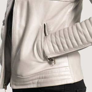 Flashback <b>Silver</b> Quilted Leather Motorcycle Biker <b>Jacket</b> Breathable Windproof Knitted Zipper Closure Stand Collar Solid Color - Product Image 4
