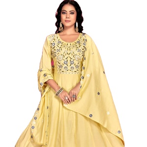 Reyon señoras largo Kurti intrincado corte trabajo bordado hecho a mano Chanderi seda estampado mangas pesado algodón forro indio - Product Image 2