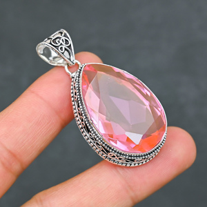 Magnifique pendentif en kunzite rose, pierre précieuse créée en laboratoire, forme poire 20x30mm, en argent sterling 925, fait main, style bohème, très demandé - Product Image 3