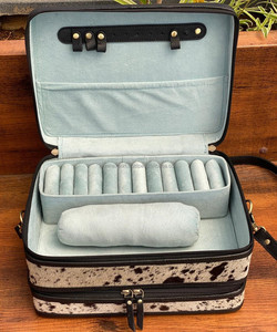 Trendy Luxury Designer Customizable Hand Tooled Leather Double Decker Jewelry Case Cowhide Crossbody Strap Travel Jewelry Box - Product Image 6