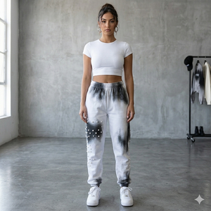 Pantalones de chándal de algodón con forro polar para mujer, estilo jogger, con estampado tie-dye y pedrería, corte ajustado, estilo urbano, con cordón, a la moda - Product Image 1