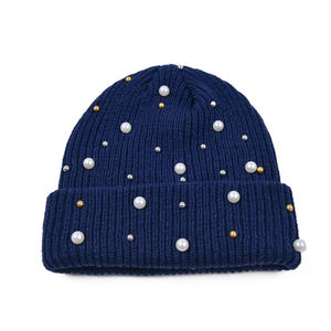 Hip Hop Winter Warm Thick Solid Color Women Ribbed Acrylic Cuffed Rivet Pearl <b>Knitted</b> <b>Beanie</b> With Pearls - Product Image 6