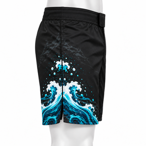 Shorts Tidal Wave Noir Teal Foam Splash Illustration Crested Swell Asymmetric Layout Cross Stitch Tab Slit Cuff Gents Activewear - Product Image 5