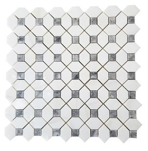Carrelage mural hexagonal moderne en pierre polie, blanc avec accents gris, pour salle de bain. - Product Image 1