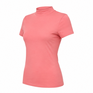 T-shirt personnalisé rose corail pour femme, coupe ajustée, col montant, manches courtes, en jersey de coton peigné lisse - Product Image 3