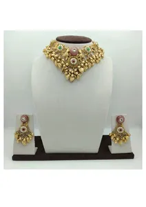 Traditional gold choker <b>necklace</b> <b>set</b> with antique temple design floral stones and matching earrings for bridal wedding - Product Image 3