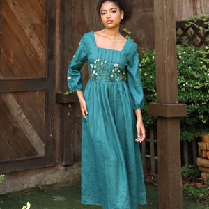 Teal Blue Hand-Embroidered Square Neckline and <b>Three</b>-Quarter Sleeves Cotton Linen Maxi Dress for Women - Product Image 1
