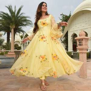 Vestido Largo de Mujer con Mangas con Volantes y Estampado Digital en Georgette, Color Limón - Product Image 4