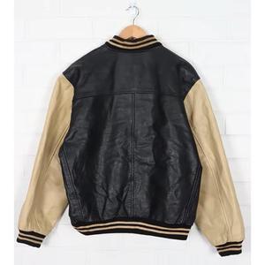 Veste varsity noire et beige pour homme en cuir PU, col rabattu, fermeture éclair, style décontracté, vêtement d'automne - Product Image 1