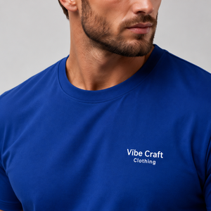 T-shirt en coton bleu slim fit pour homme Vibe Craft, col rond, manches courtes, jersey décontracté, respirant, logo imprimé sur le devant, prix avantageux - Product Image 5