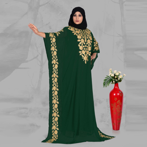 Kaftan en mousseline brodé avec des détails floraux sur la bordure latérale, élégante robe longue pour le Ramadan et le quotidien - Product Image 3