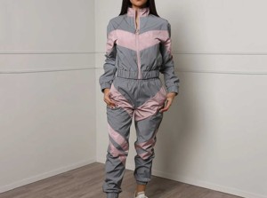 Conjunto Deportivo Cortavientos Gris y Rosa para Mujer, Manga Larga, Cierre de Cremallera, Pantalones con Cordón Ajustable, Bolsillos Laterales, Ligero, Poliéster/Nailon, Casual, Verano - Product Image 2