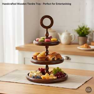 UO Craft Personalized Round Wooden Serving Tray Minimalist Design Wooden 3 Tier <b>Storage</b> Stand Rustic Eco-Friendly Living Room - Product Image 4